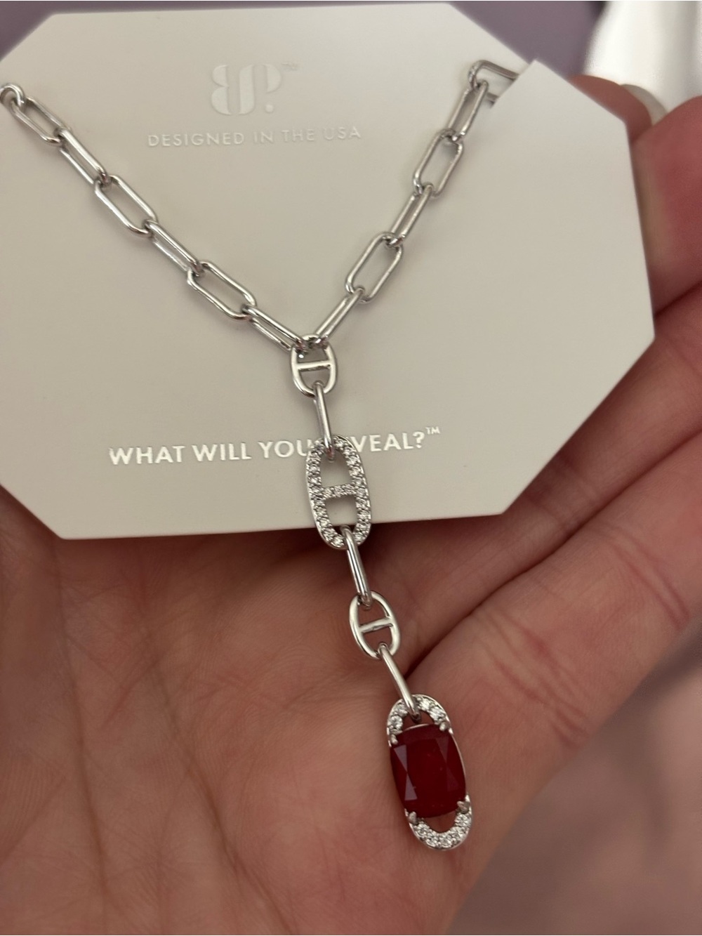 Silver Drop Necklace with Red Gem Accent